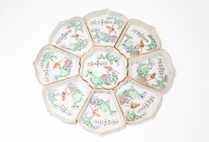 Set of nine pink family porcelain trays, China, early 20th century