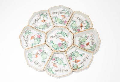 Set di Nove Vassoietti in Porcellana Famiglia Rosa, Cina, Inizio Secolo XX