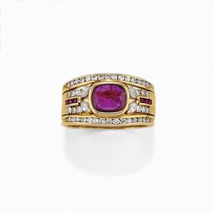 A white gold, diamond and ruby ring