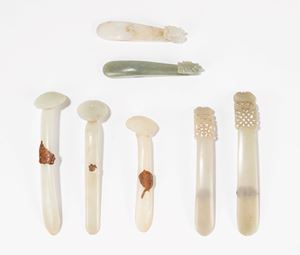 TWO JADE BUCKLES, THREE RUYI SCEPTER AND TWO PAPERWEIGHTS