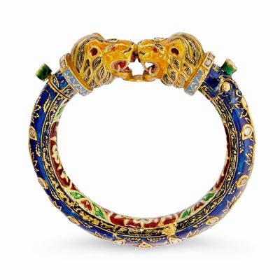Bracciale con due teste di leone, oro giallo 18k e smalto policromo
