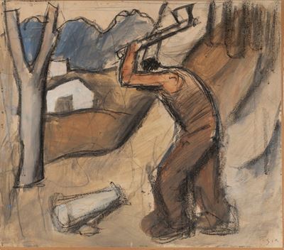 Paesaggio con taglialegna, tempera e matita su carta applicata su cartone