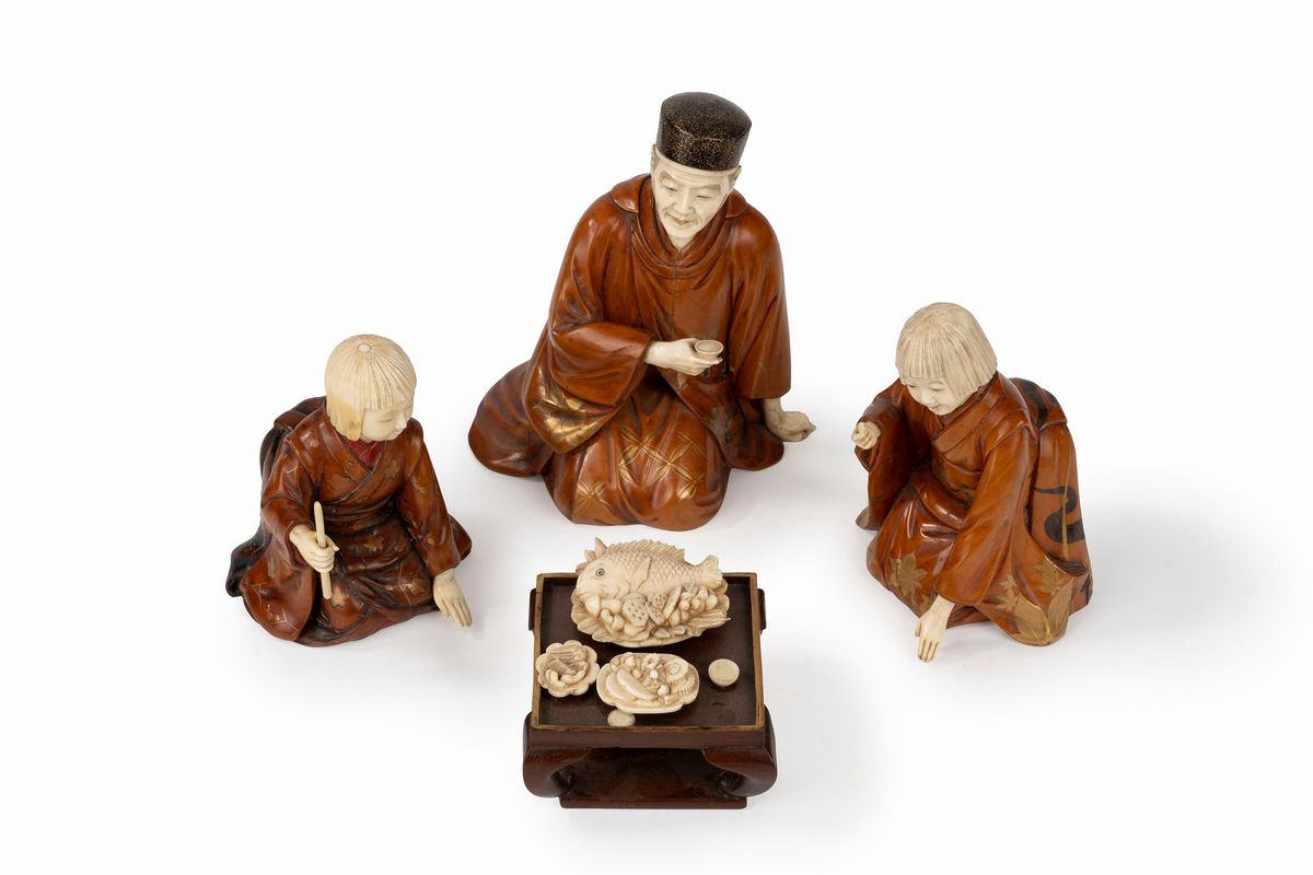 Okimono in legno e avorio, Giappone, periodo Meiji (1868-1912)