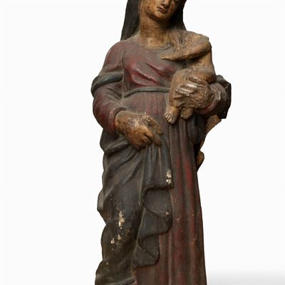 Scultura in Terracotta Policroma Raffigurante Madonna con Bambino, Secoli XV - XVI