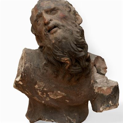 Testa in Terracotta Policroma Raffigurante Santo, Secolo XVII