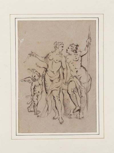 Scena mitologica, penna e inchiostro bruno, acquerello su carta