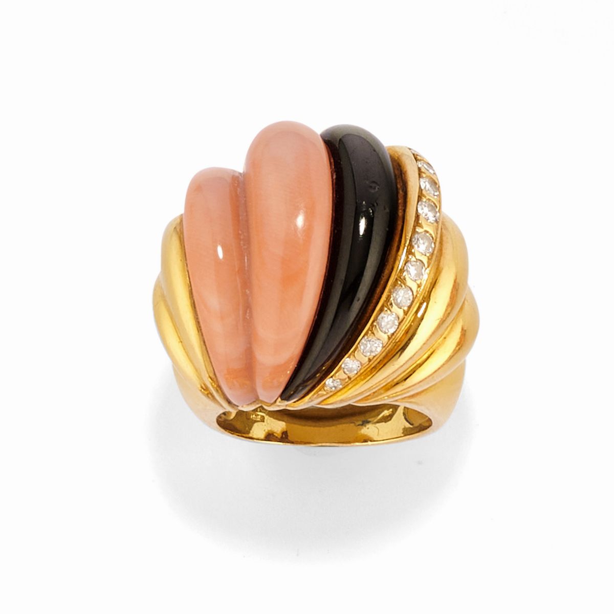Parure demi in oro giallo 18k con corallo, onice e diamanti