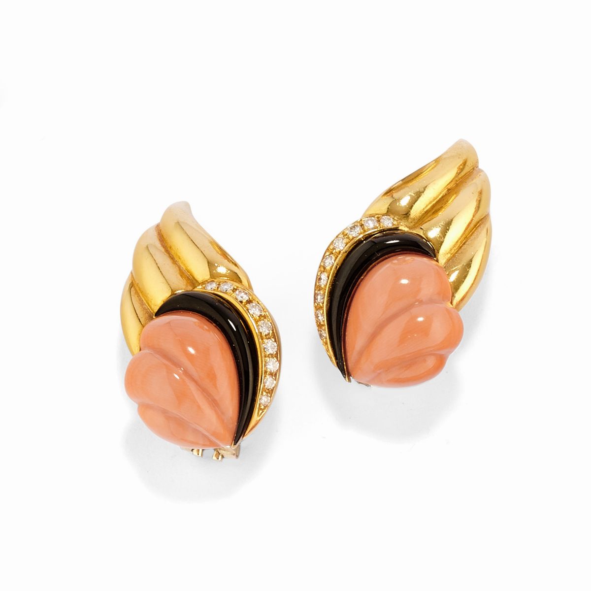 Parure demi in oro giallo 18k con corallo, onice e diamanti