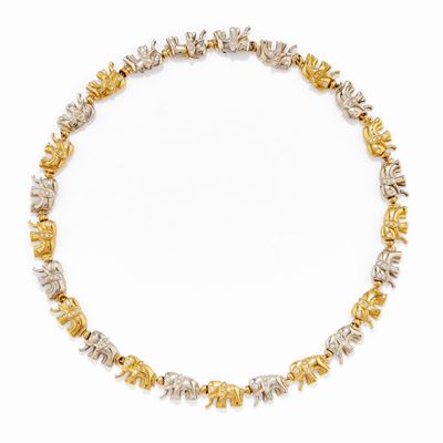 Collana in oro bicolore 18k con elefanti e diamanti