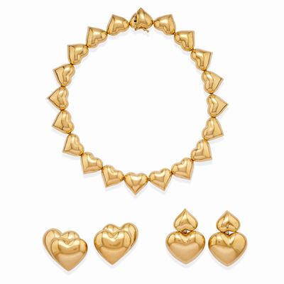 Parure in oro giallo 18k con cuori, composta da collana e orecchini
