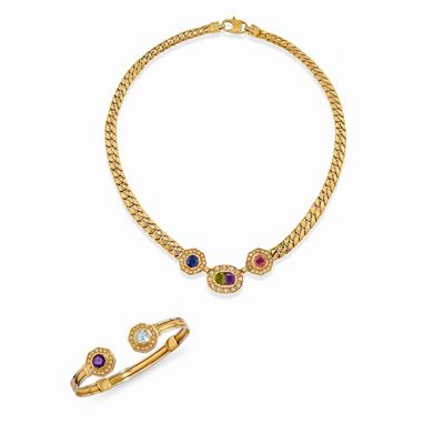 Collana e bracciale in oro giallo 18k con pietre colorate e diamanti