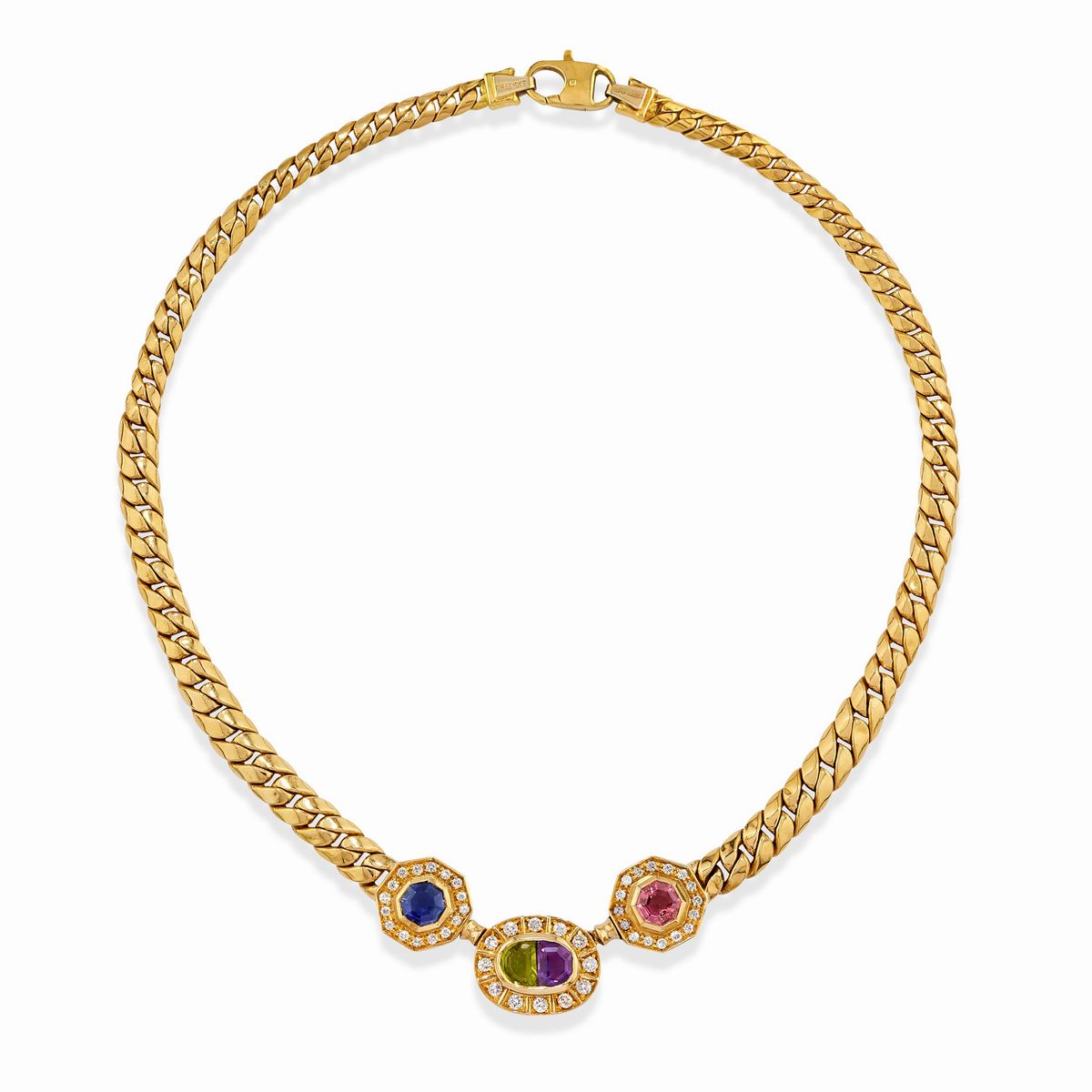 Collana e bracciale in oro giallo 18k con pietre colorate e diamanti