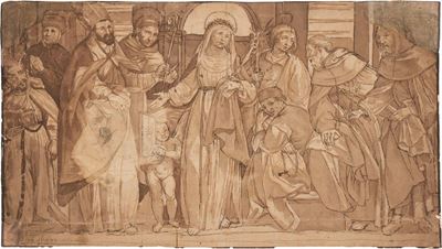 Ventura Salimbeni, Santa Caterina da Siena tra Santi (recto); Studio di figura virile (verso), pe...