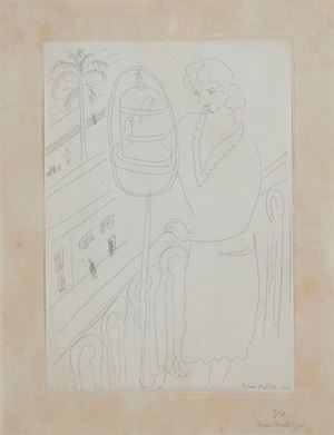 Jeune Fille au Balcon observant des Perruches