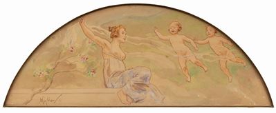 Studio per lunetta con giovane donna e putti, matita, inchiostro e acquerello su cartone