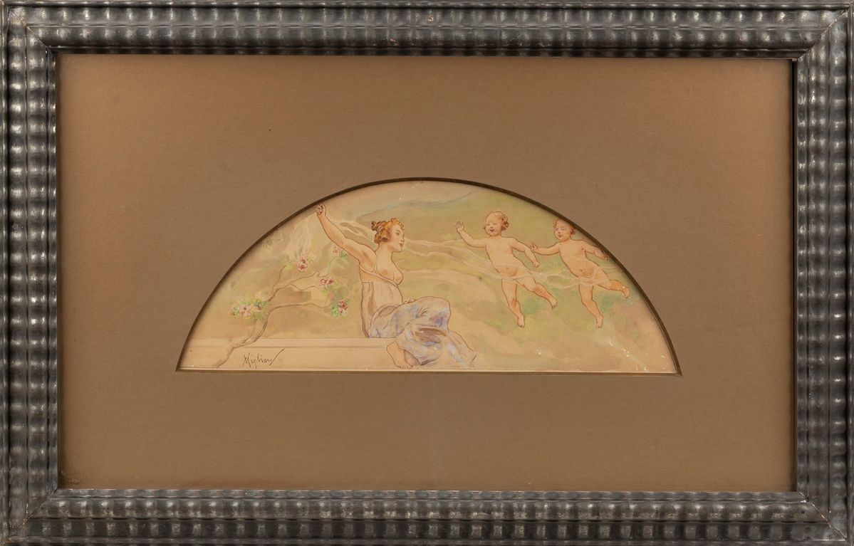 Vincenzo Migliaro - Studio per lunetta con giovane donna e putti, matita, inchiostro e acquerello...