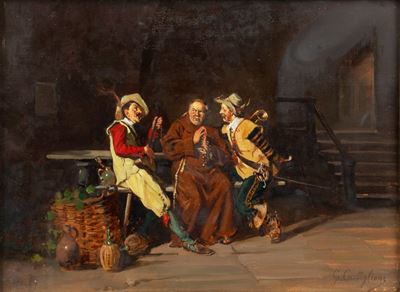 Il frate all'osteria, olio su legno