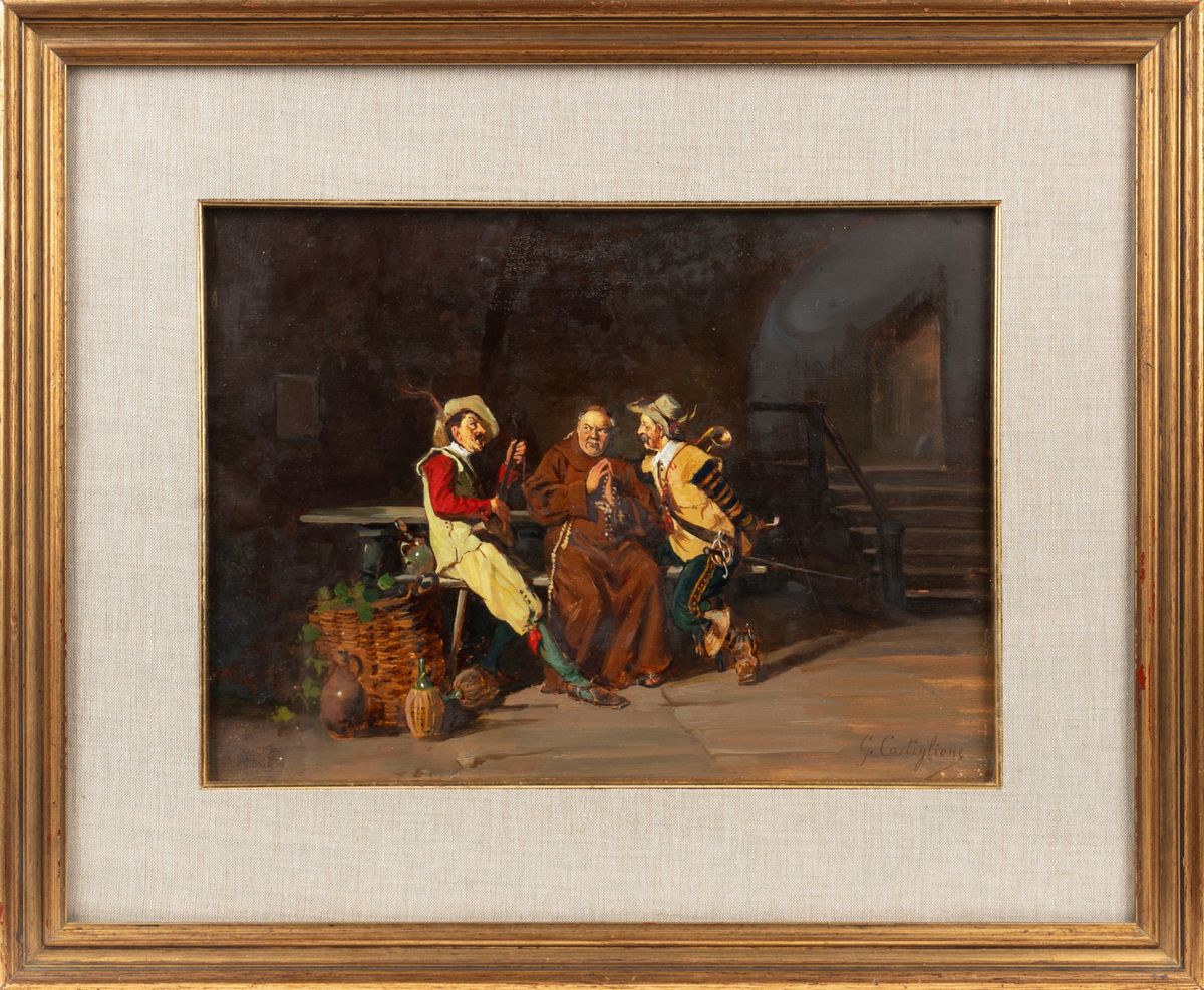 Giuseppe Castiglione - Il frate all'osteria, olio su legno