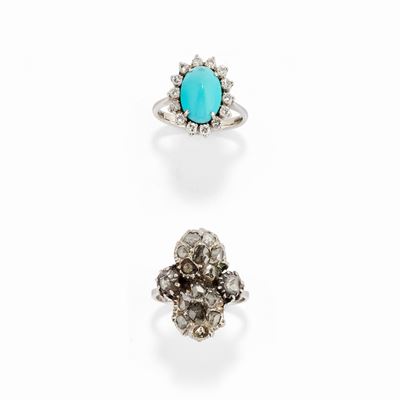 Due anelli in oro bianco 18k con diamanti e turchese