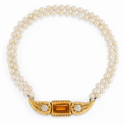 Collana in oro bicolore 18k con quarzo citrino e diamanti