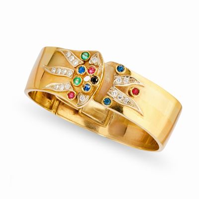 Bracciale in oro giallo 18k con rubini, zaffiri, smeraldi e diamanti