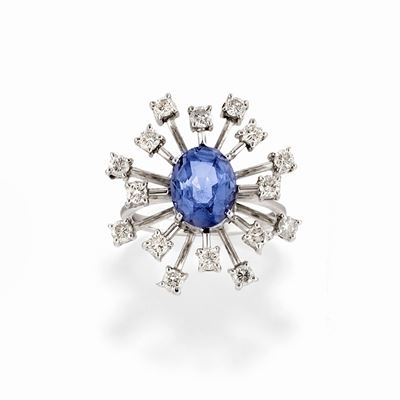 Anello in oro bianco 18k con zaffiro e diamanti