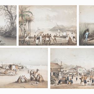  - Lot consisting of five prints from the series Reise des Grafen Emanuel Andrasy in Ostindien Ceylon, Java, China und Bengalen, published by Hermann Geibel, Budapest, 1859