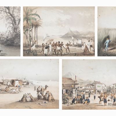 Lotto Composto da Cinque Stampe dalla Serie Reise Des Grafen Emanuel Andrasy in Ostindien Ceylon,...