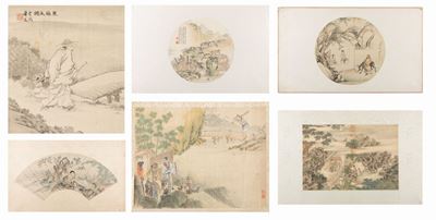 Cina, Dinastia Qing (1644-1911), Cinque dipinti su seta e un ventaglio dipinto su carta