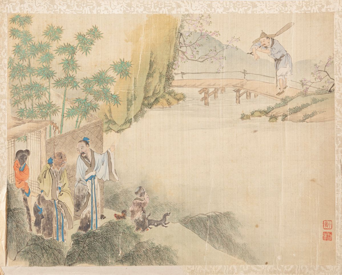 Cina, Dinastia Qing (1644-1911), Cinque dipinti su seta e un ventaglio dipinto su carta