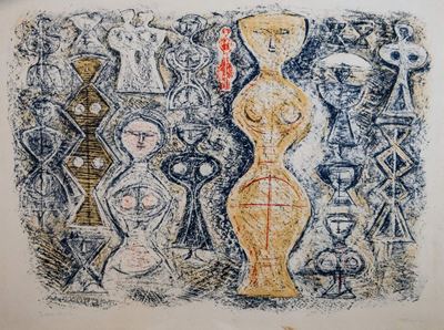 Donne su fondo blu, litografia a colori