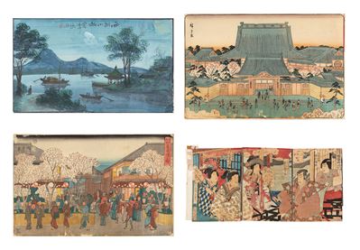 Utagawa, Lotto di cinque incisioni e un acquarello giapponese del XIX/XX secolo