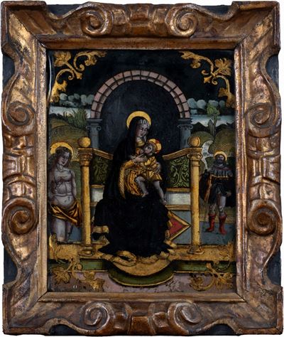 Autore non identificato, Madonna con Bambino, San Sebastiano e San Rocco, dipinto sottovetro