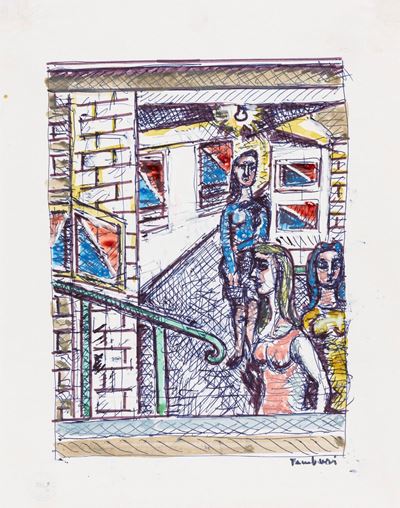 Figure nel metro, tecnica mista su carta (anni '60)