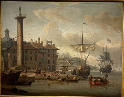 A. STORCK, Capriccio architettonico con veduta di porto e Colonna Antonina, olio su tavola