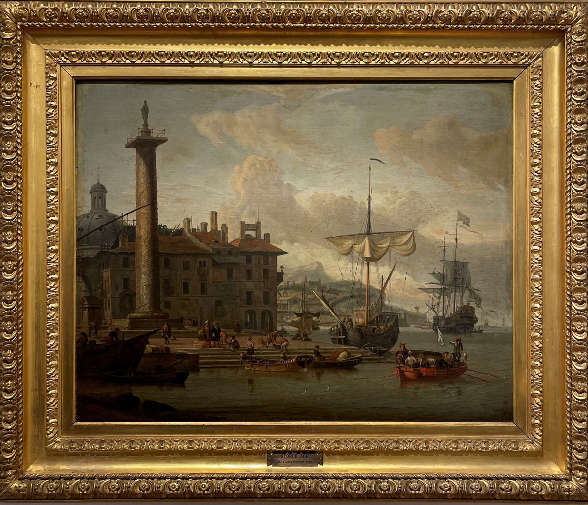 Scuola Fiamminga, Secolo XVIII - A. STORCK, Capriccio architettonico con veduta di porto e Colonn...