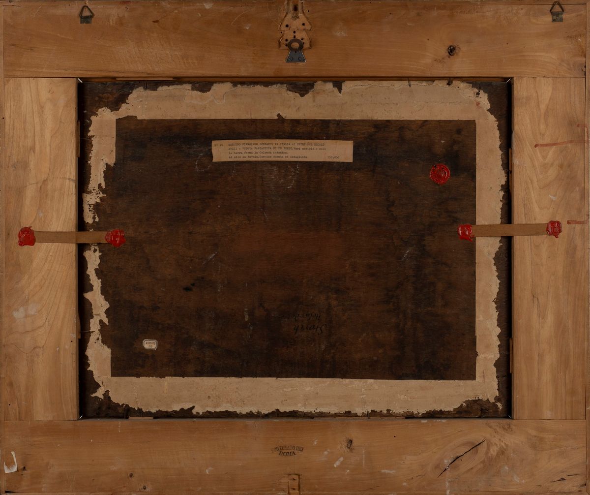 Scuola Fiamminga, Secolo XVIII - A. STORCK, Capriccio architettonico con veduta di porto e Colonn...