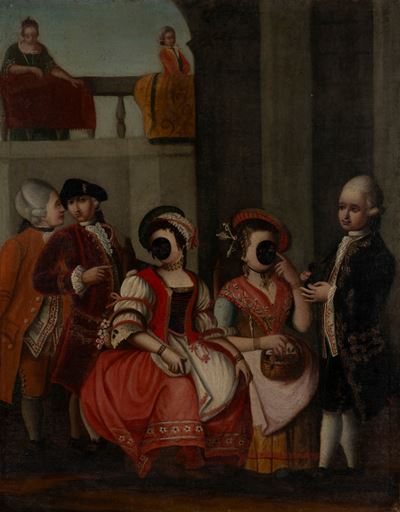 Scena di interno con personaggi in maschera, olio su tela