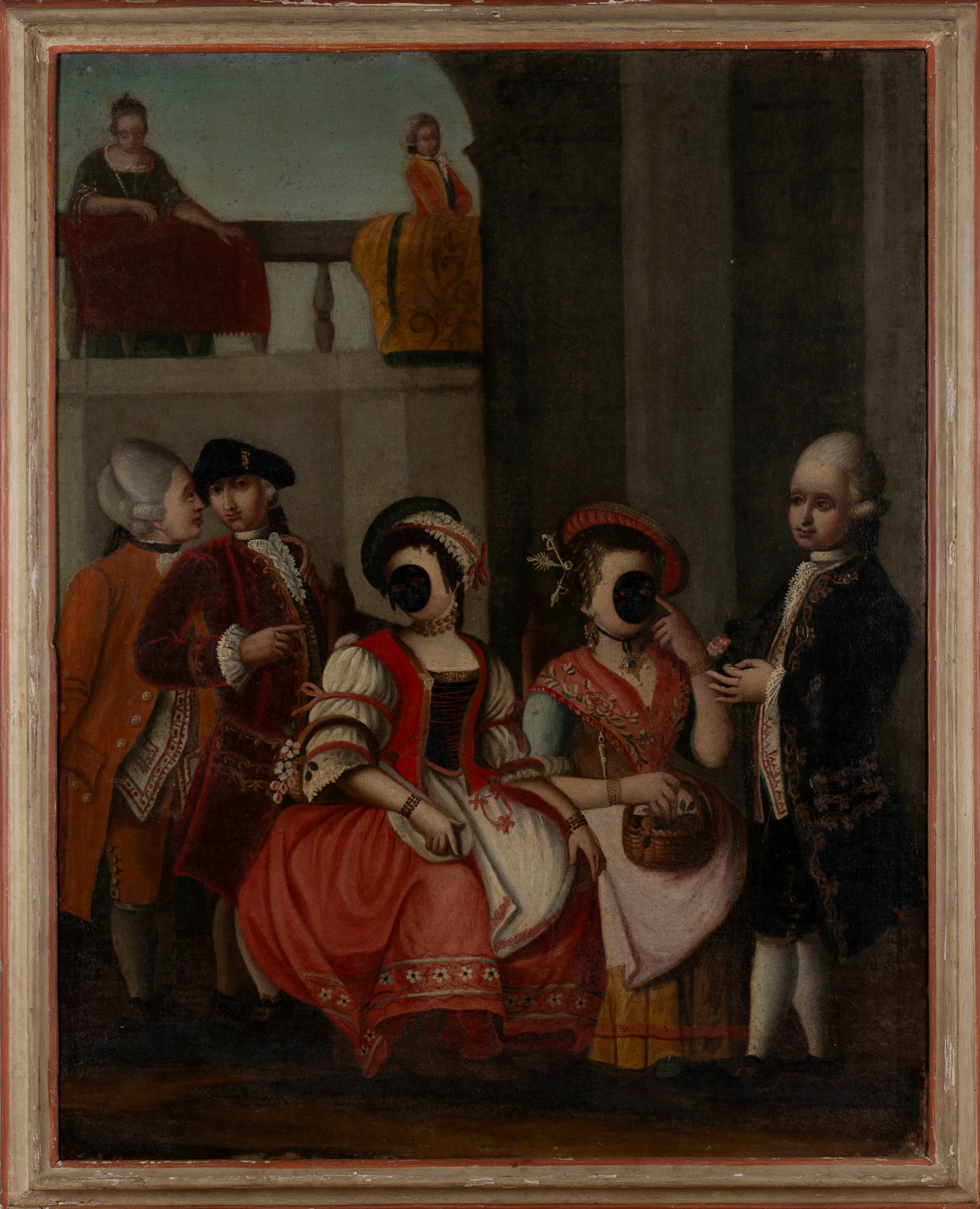 Scuola Veneta, Secolo XVIII - Scena di interno con personaggi in maschera, olio su tela