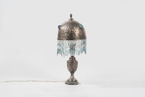  - Oriental lamp in metal, set with colored glass and beads, 20th century