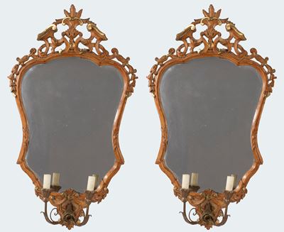Coppia di Specchiere con Porta Candele in Legno Intagliato, Dorato e Laccato, Secolo XVIII