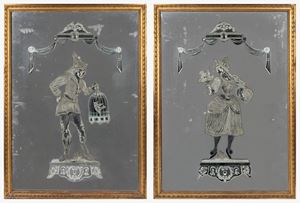 Pair of mirrors with two applied cut-out figures depicting Venetian masks