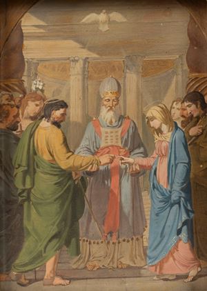  - Painting depicting the wedding of the Virgin within a carved and gilded wooden frame