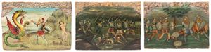  - Three fragments of a Sicilian carved and painted wooden cart depicting scenes from epic-chivalrous poems, 19th century