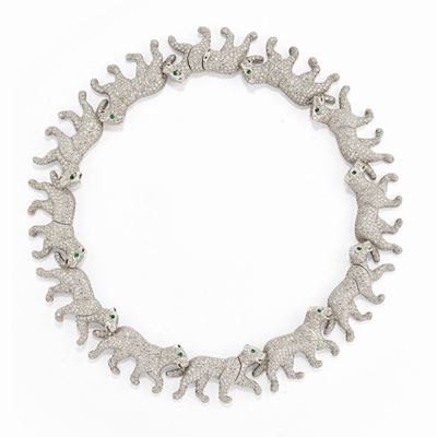 Collana in platino con dodici pantere e diamanti