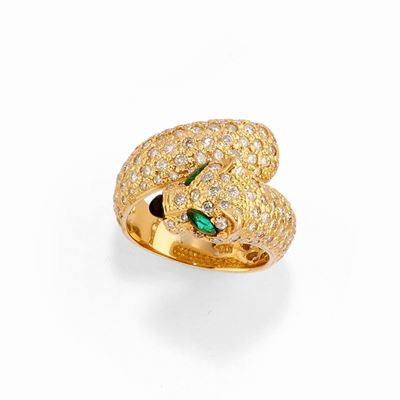 Anello pantera in oro giallo 18k con diamanti e smeraldi