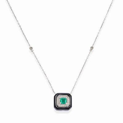 Collana in oro bianco 18k con smeraldo quadrangolare e diamanti