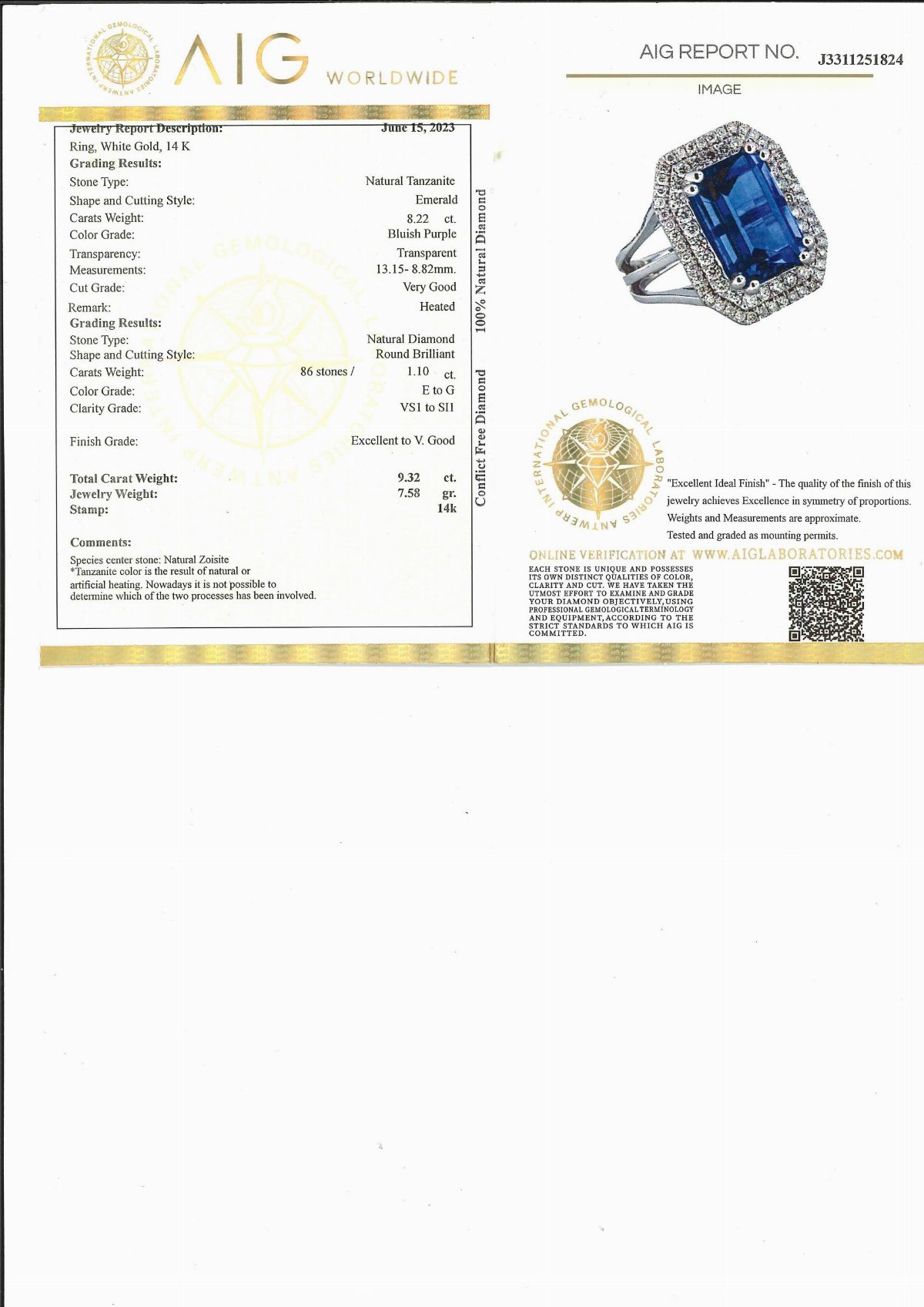 Anello in oro bianco 14k con tanzanite e diamanti