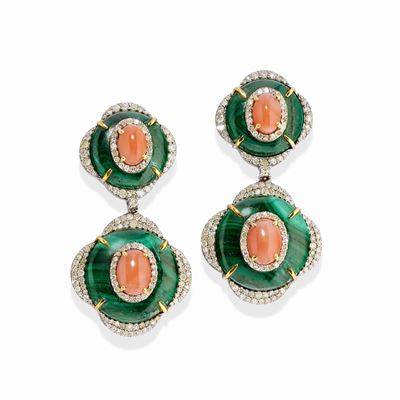 Orecchini in argento e oro giallo 14k con corallo, malachite e diamanti