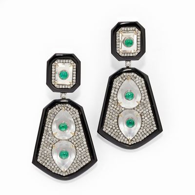 Orecchini pendenti in argento e oro giallo 14k con smeraldi e diamanti